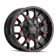 MAYHEM WARRIOR 8015 GLOSS BLACK MILLED PRISM RED 20x9