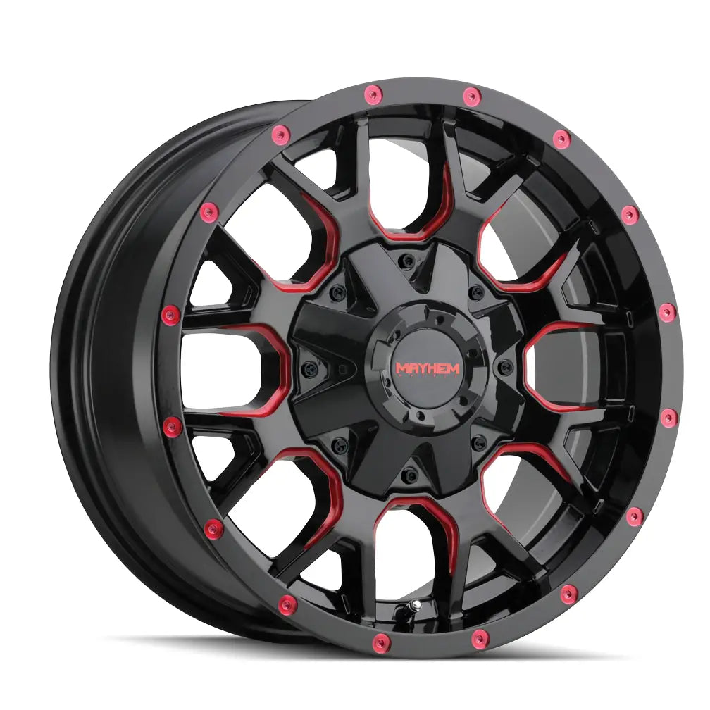 MAYHEM WARRIOR 8015 GLOSS BLACK MILLED PRISM RED 20x9 8x180