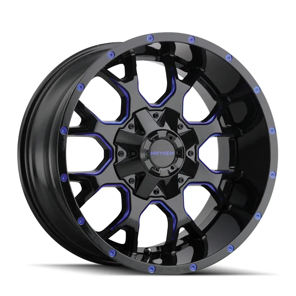 MAYHEM WARRIOR 8015 GLOSS BLACK MILLED PRISM BLUE 17x9